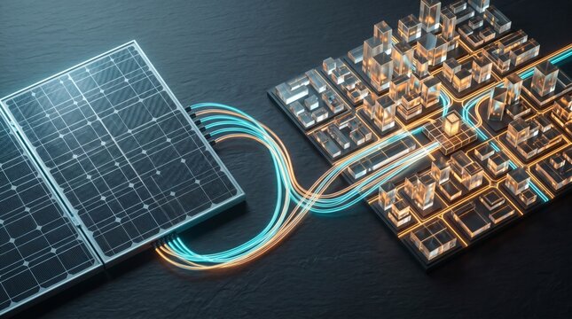 Solar panel connected to a miniature smart city model representing renewable energy and sustainability