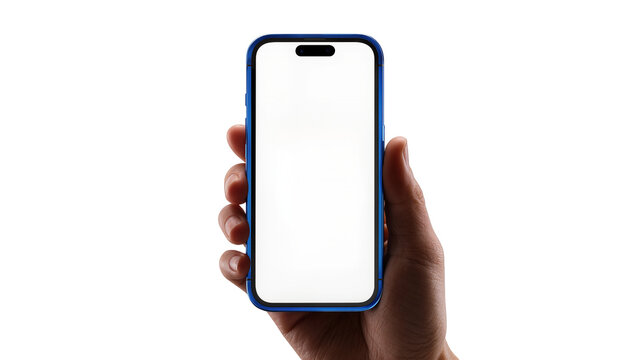 Hand holding modern smartphone with blank white screen