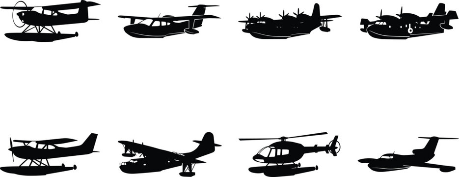 Collection of black silhouettes of various seaplanes and amphibious aircraft isolated on white