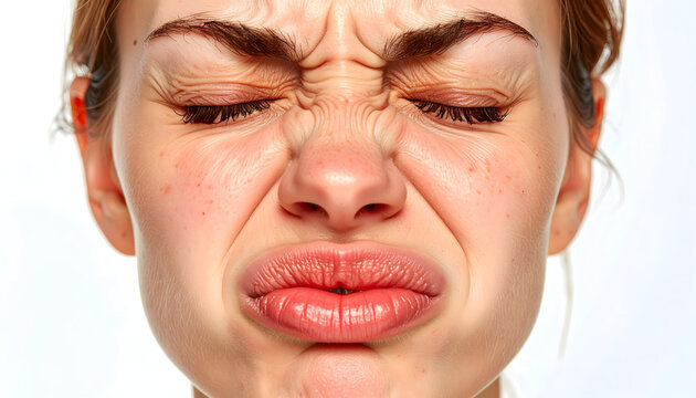 A woman makes a pouty face with frowning eyebrows and pursed lips showing strong emotions.