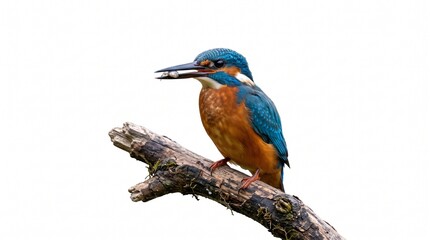 Fototapeta premium Kingfisher Bird Perched on Dry Branch Against White Background Close Up