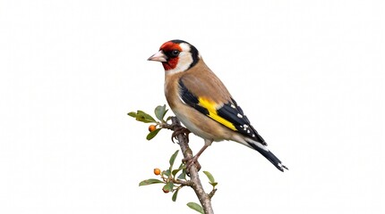 Fototapeta premium European goldfinch perched on branch in studio setting with