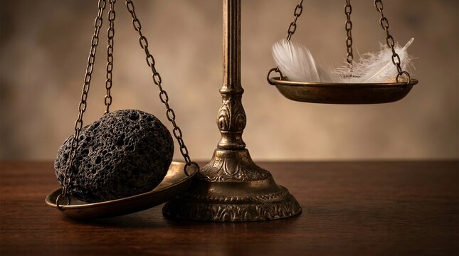 Conceptual close up of a vintage bronze scale weighing a heavy dark rock against a light white feather, symbolizing work life imbalance and mental burden