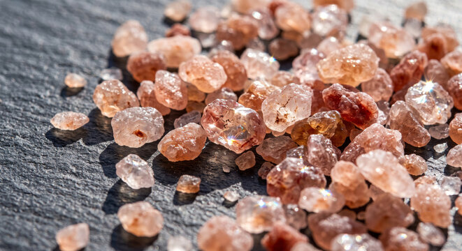 Sparkling Himalayan Pink Salt Crystals on Slate Macro