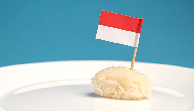 A small Indonesian flag on a toothpick stuck in a rice cake on a plate.