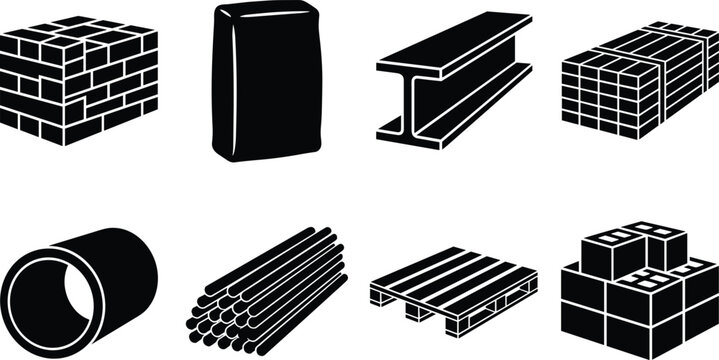 Set of black flat icons representing various construction materials and supplies