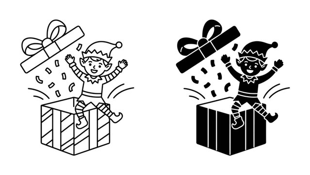 Christmas Elf Surprise: A joyful Christmas elf emerges from an open gift box, showering with confetti, depicted in both outline and solid black illustration styles.