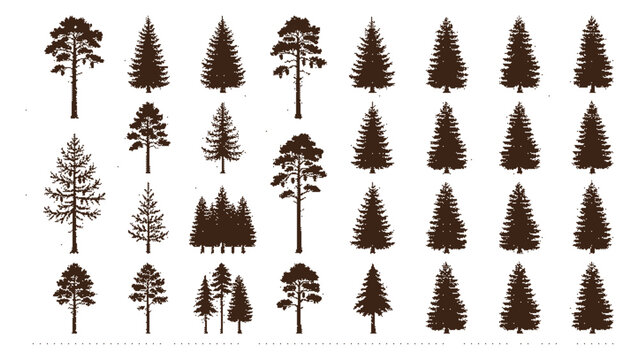 Collection of various pine tree silhouettes