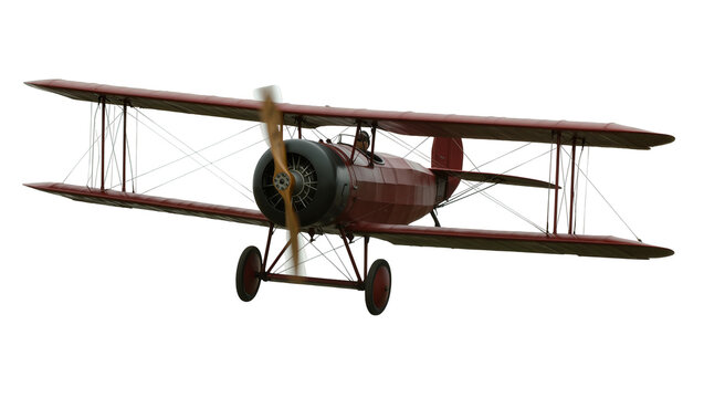 Red biplane aircraft with wooden propeller and pilot