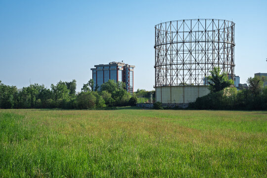 Historic A2A gasometer and office building in Forlanini Park, Milan