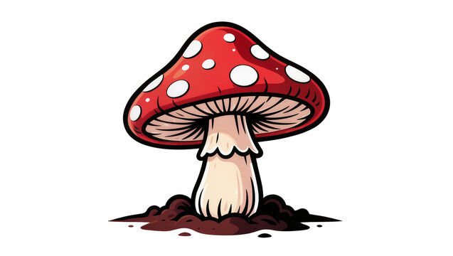 Red mushroom with white spots growing from dark soil