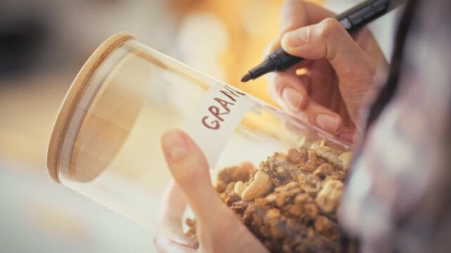In bright kitchen, housewife carefully labels glass storage jar with the word granola, emphasizing proper food storage. She arranges the sealed jar among pantry items, showcasing organized meal prep