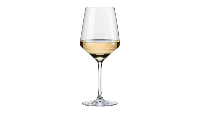 Clear glass goblet filled with pale yellow white wine