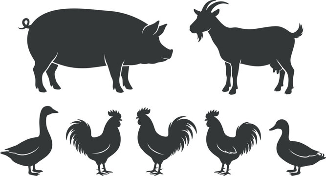 Farm animals silhouettes vector icon set with pig goat rooster goose and duck isolated on transparent background