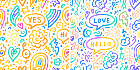 Colorful hand drawn doodle pattern featuring speech bubbles and floral ornaments © Nasir