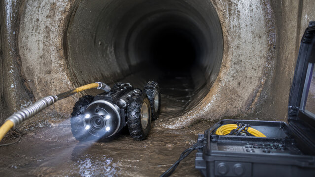 Sewer inspection robot inside drainage pipe. CCTV camera crawler with lights and control case. Professional pipeline inspection concept.