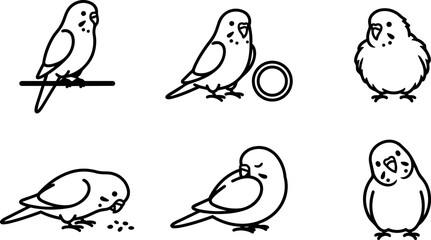 Fototapeta premium Six line art budgerigar parrot poses with seeds and bowl