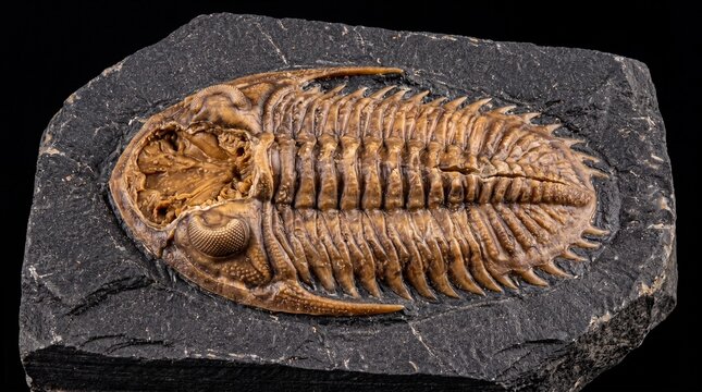 Trilobite fossil embedded in dark sedimentary rock macro photography