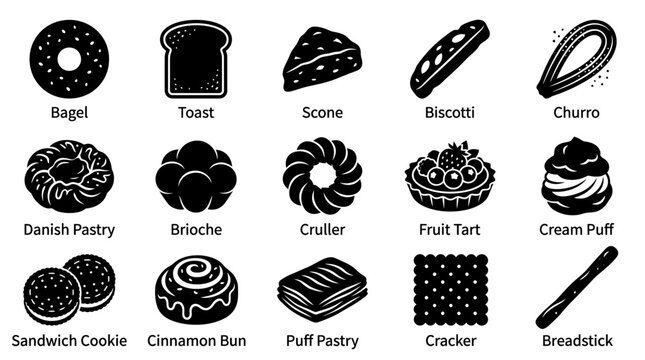 Black and white silhouette icons of various bakery products