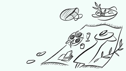Naklejka premium Hand-drawn Sketch of a Whimsical Picnic Setup with Food, Drink, and Book on a Blanket