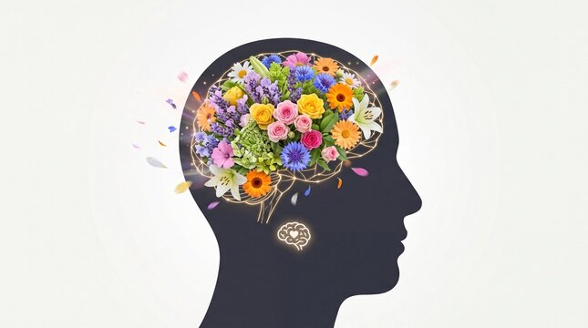 Mental health concept with colorful flowers inside human brain silhouette, psychological wellness and neurodiversity illustration, creative mind and emotional growth