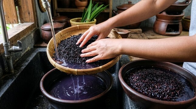 Hands washing black glutinous rice in bamboo sieve for bubur ketan hitam preparation