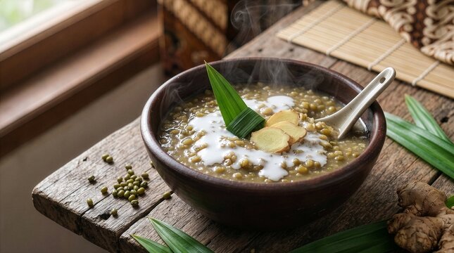 Steaming hot Indonesian mung bean porridge bubur kacang hijau with ginger and coconut milk