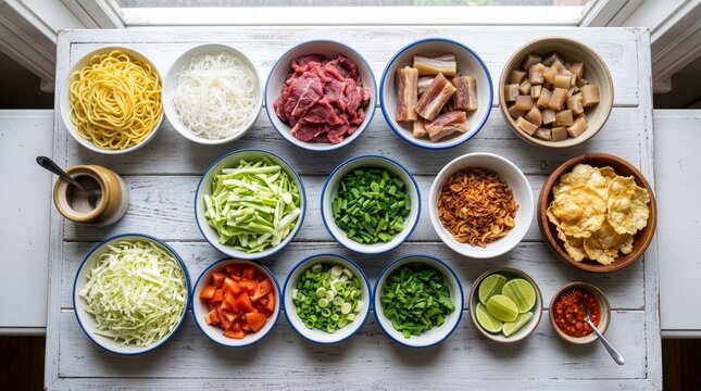 Flat lay ingredients for soto mie Bogor Indonesian noodle soup
