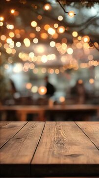 Autumn evening at wooden picnic table with warm lights