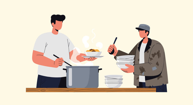 Kind volunteer serving hot soup from a large pot to a homeless man in ragged clothes holding a stack of bowls.