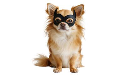Long-haired chihuahua dog wearing a black bat mask © Clementine