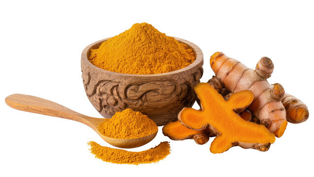 Turmeric root and powder in wooden bowl and spoon