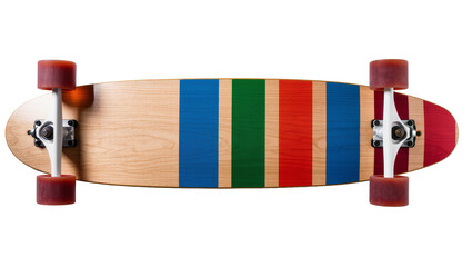 Wooden skateboard with colorful stripes and red wheels © Johanna