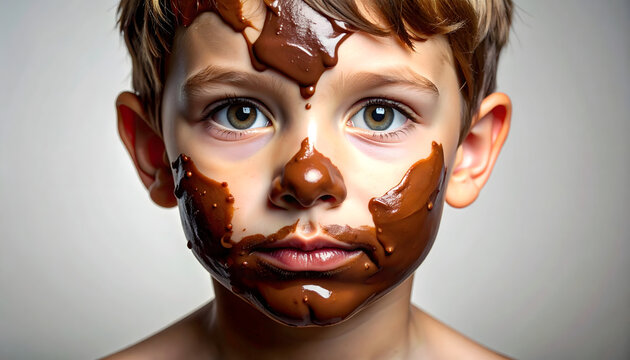 A young boy with chocolate smeared on his face looks directly at the camera.