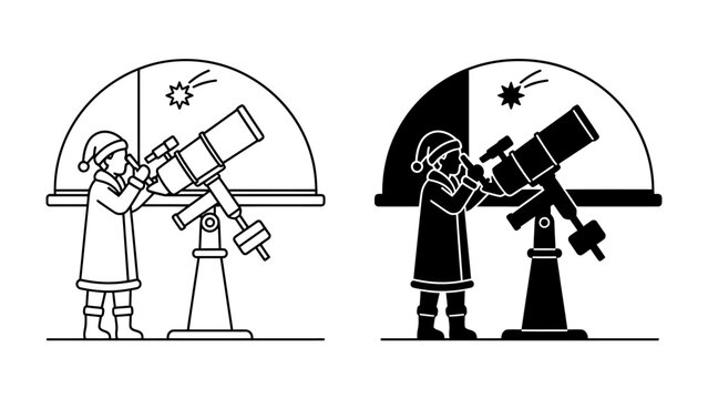 Child Gazing at Stars: A child in pajamas and a nightcap peers through a telescope at a starry night sky visible through a window, with shooting stars adding a touch of wonder to the scene.