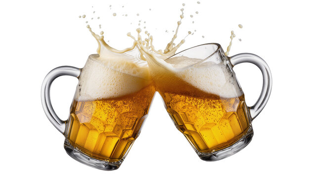 Two beer mugs clinking with frothy beer and splashes