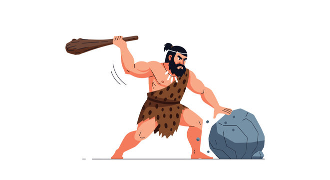 Primitive caveman with a wooden club preparing to smash a large grey boulder in a cartoon style illustration.
