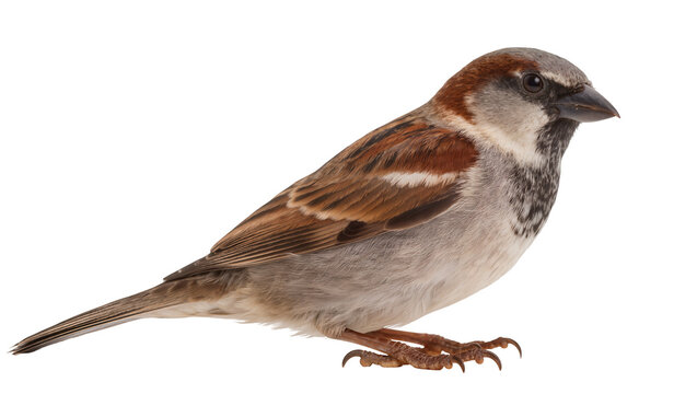 Male House Sparrow perched on white