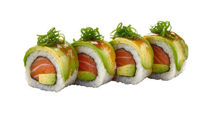 Salmon avocado sushi rolls with green onion topping © Clementine