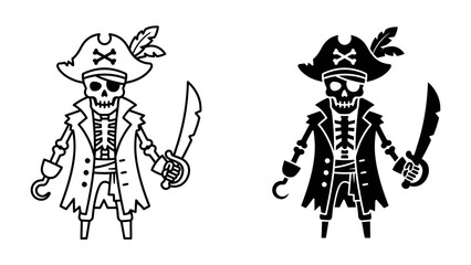 Fototapeta premium Pirate Skeleton Icons: Two graphic icons depicting a pirate skeleton, one in outline and the other in silhouette, complete with a captain's hat, cutlass, and hook hand.