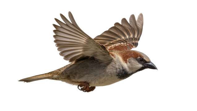 House sparrow bird with wings spread flying