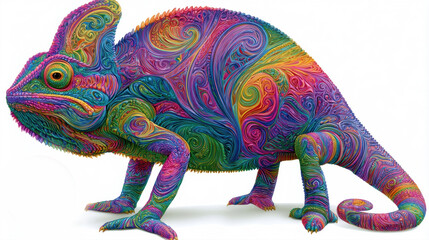 Obraz premium Vibrant psychedelic chameleon digital art illustration with colorful swirl patterns trippy rainbow colors neon reptile design artwork on pure isolated white background creative graphic design