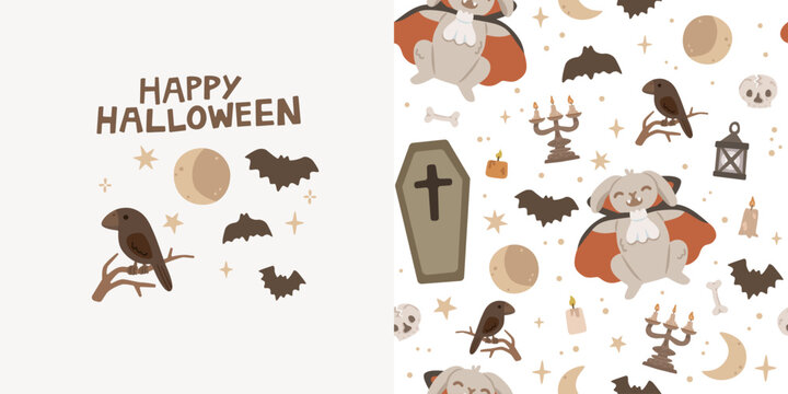 Cute Halloween card with raven, bats and spooky seamless pattern featuring vampire bunny, coffin, candles and moon. Playful design for kids, flat vector illustration.
