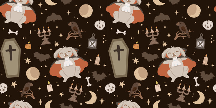 Cute Halloween seamless pattern with adorable vampire bunny, coffin, bats, skulls, candles, raven and spooky elements. Playful kids design, flat vector illustration.