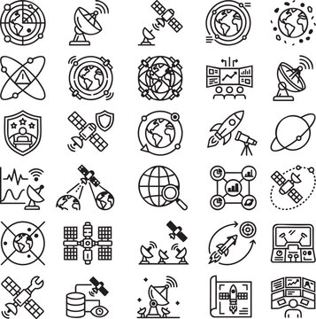 Space Situational Awareness Line Vector Icons for Orbital Monitoring, Space Surveillance, Satellite Tracking and Enterprise UI Design