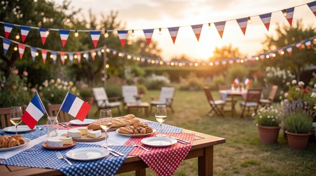Inviting Bastille Day celebration depicts French backyard party with table flags and bunting at sunset for festive outdoor gathering background design