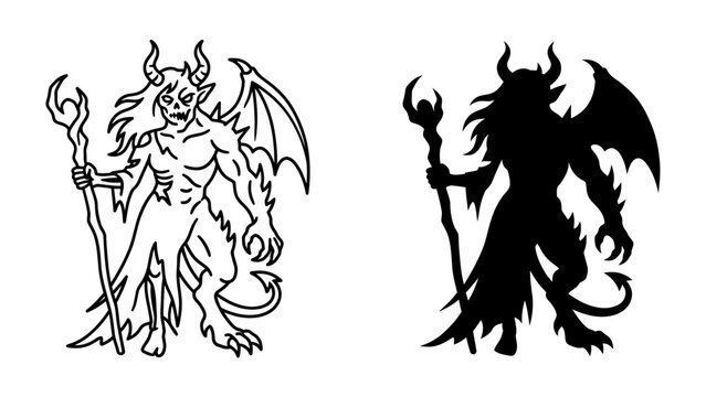 Gargoyle Iconography: A mystical gargoyle, depicted in both line art and silhouette, stands defiantly with wings spread and a staff in hand, embodying dark fantasy and gothic allure.