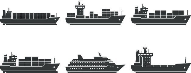 Fototapeta premium Cargo ship silhouette icon vector set with commercial vessels logistics freight and cruise liner transport illustration