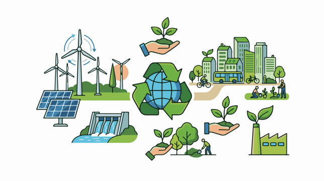 Diverse eco-friendly solutions promoting sustainability and renewable energy