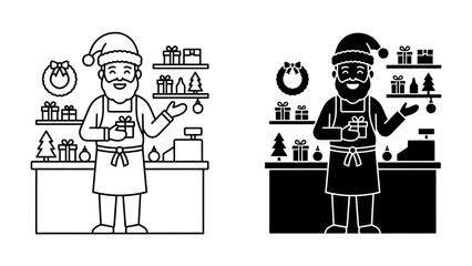 Santa's Workshop Essentials: A cheerful Santa Claus illustration, presented in both line art and silhouette, stands behind a counter filled with gifts, a cash register, and festive decorations. © Mst